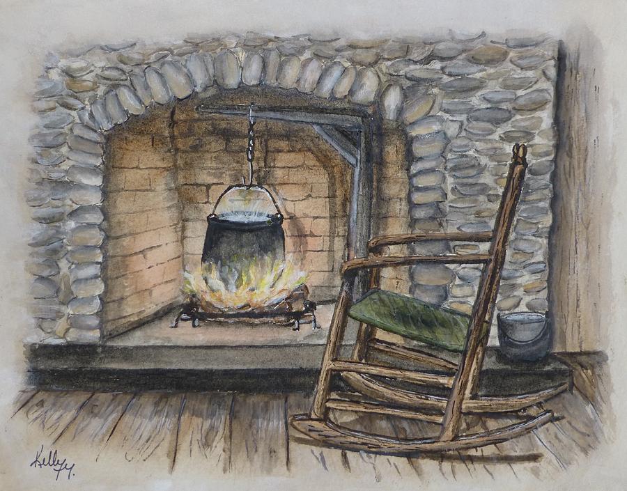 1800s Cozy Cooking .... Fire Place Painting by Kelly Mills