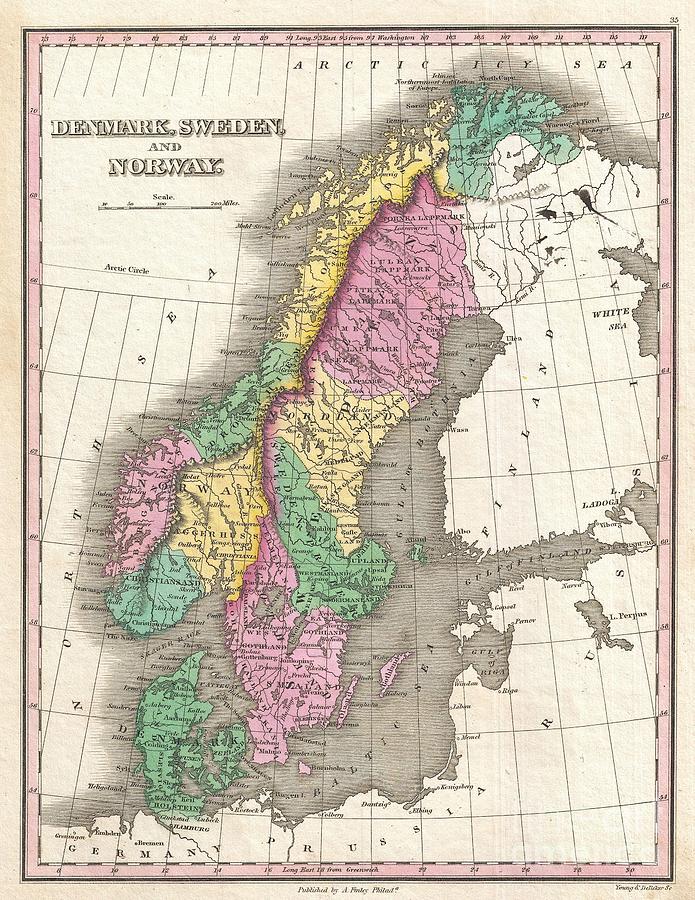 Abstract Photograph - 1827 Finley Map of Scandinavia Norway Sweden Denmark by Paul Fearn