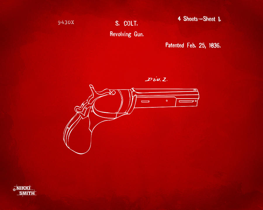 1836 First Colt Revolver Patent Artwork - Red Digital Art by Nikki Marie Smith
