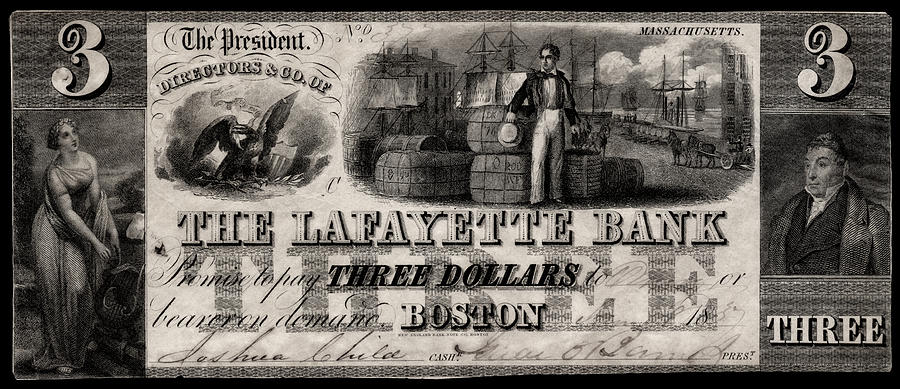 1837 Lafayette Bank Three Dollar Note Painting by Historic Image