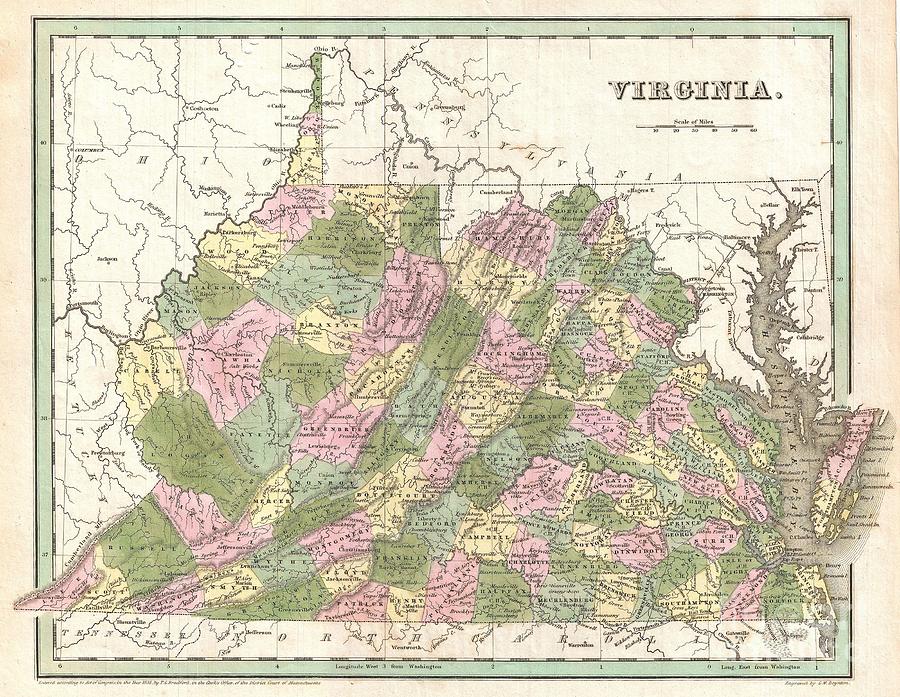 1838 Bradford Map of Virginia Photograph by Paul Fearn