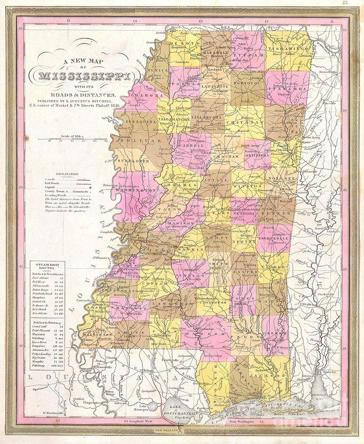 1846 Burroughs Mitchell Map of Mississippi Photograph by Paul Fearn ...