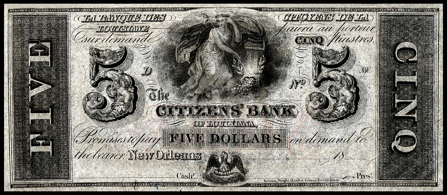 1850 Bank of New Orleans Five Dollar Note Painting by Historic Image