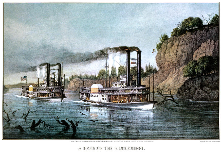Currier And Ives Painting - 1850s A Race On The Mississippi - by Vintage Images
