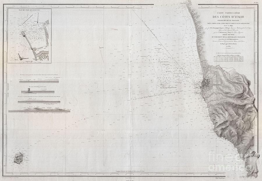 1852 Depot de la Marine Nautical Chart or Map of Livorno Tuscany Italy  Photograph by Paul Fearn