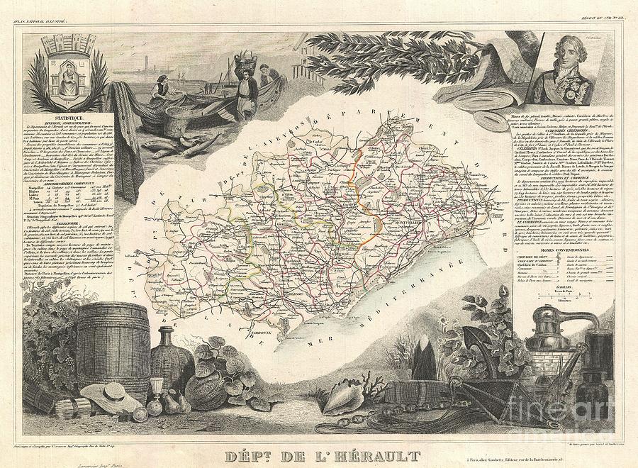 1852 Levasseur Map of the Department de LHerault France Photograph by Paul Fearn