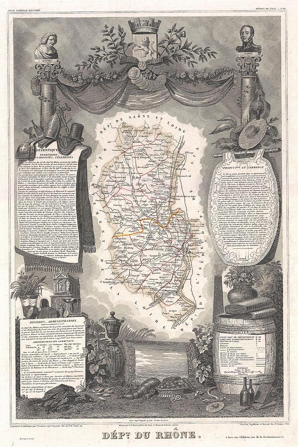 1852 Levasseur Map of the Department Du Rhone France  Beaujolais Wine Region Photograph by Paul Fearn