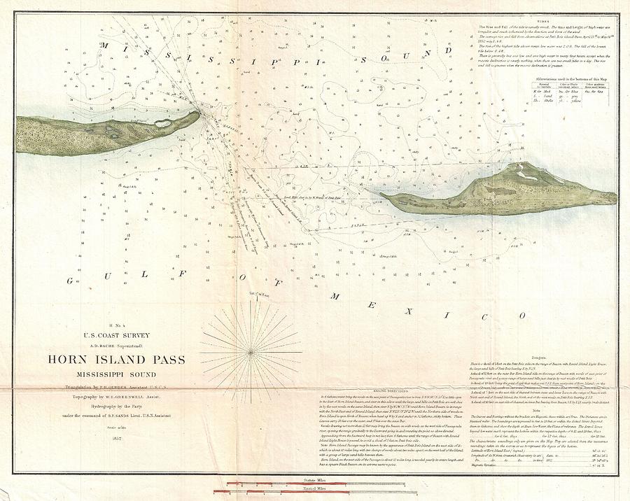 1852 US Coast Survey Map of Horn Island Pass Mississippi Sound  Photograph by Paul Fearn