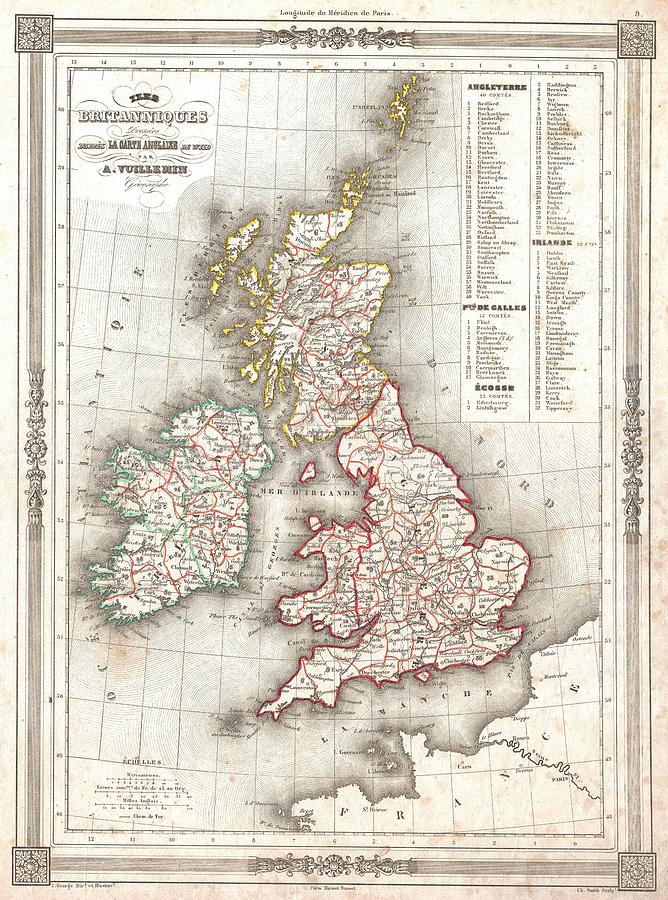 1852 Vuillemin Map of the British Isles England Ireland Scotland ...