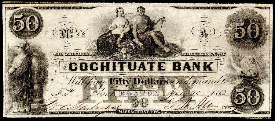 1853 Cochituate Bank Fifty Dollar Note Painting by Historic Image