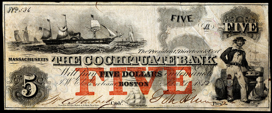 1853 Cochituate Bank Five Dollar Note Painting by Historic Image