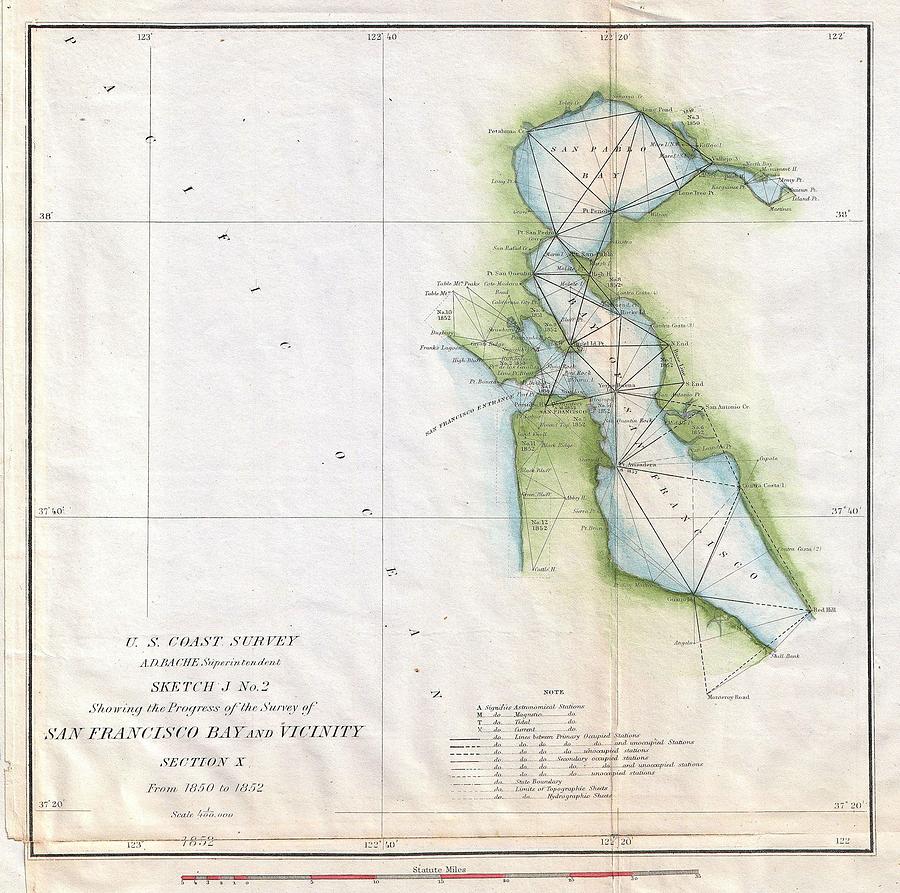 1853 US Coast Survey Map of San Francisco Bay California Photograph by Paul Fearn