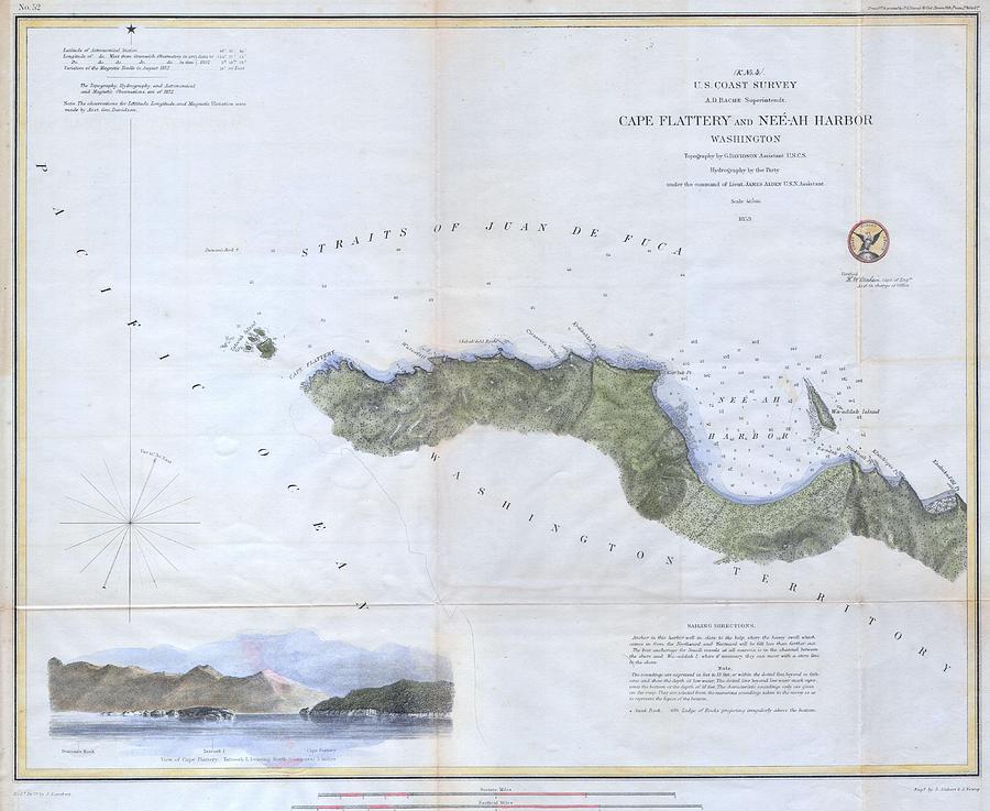1853 USCS Chart or Map of Cape Flattery and Nee AH Harbor Washington Photograph by Paul Fearn