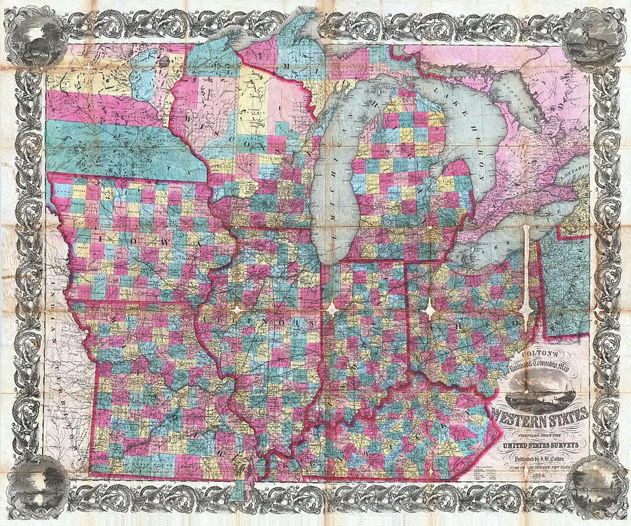 Abstract Photograph - 1854 Colton Pocket Map of Ohio Michigan Wisconsin Iowa Illinois Missouri Indiana and Kentucky  by Paul Fearn