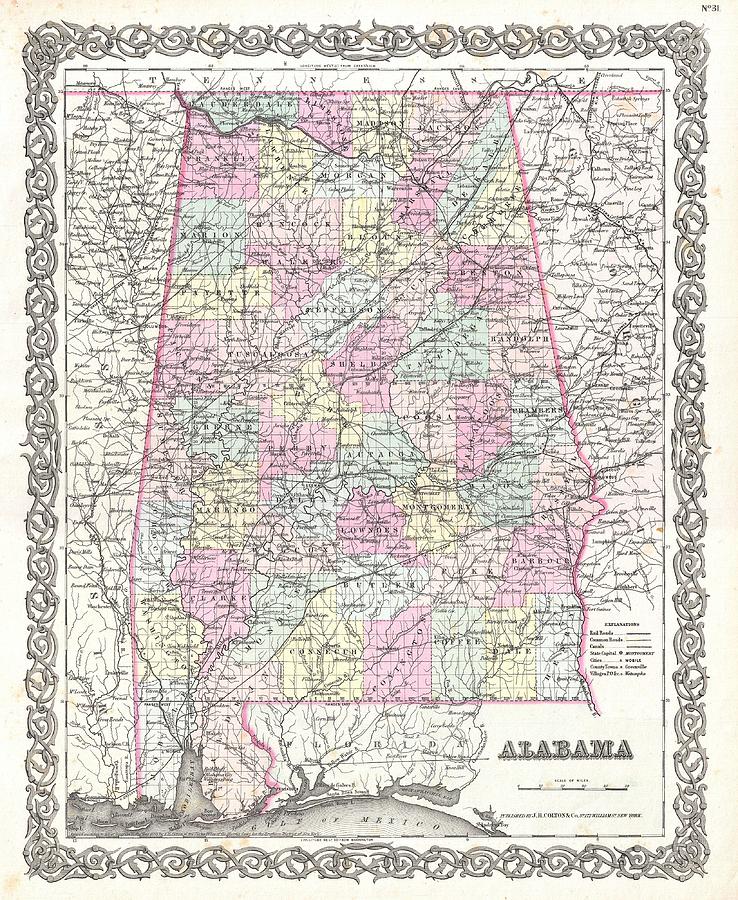 1855 Colton Map of Alabama Photograph by Paul Fearn