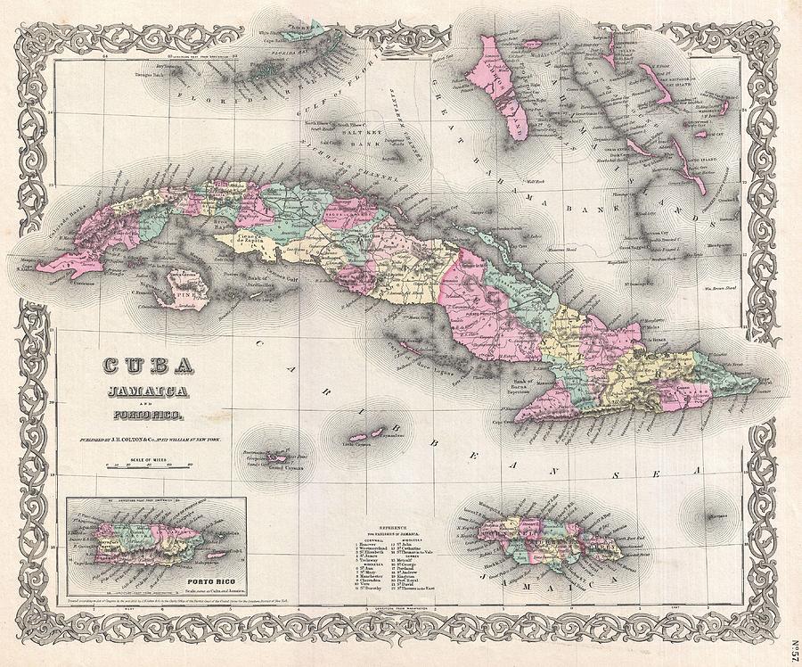 1855 Colton Map of Cuba Jamaica and Porto Rico Photograph by Paul Fearn ...