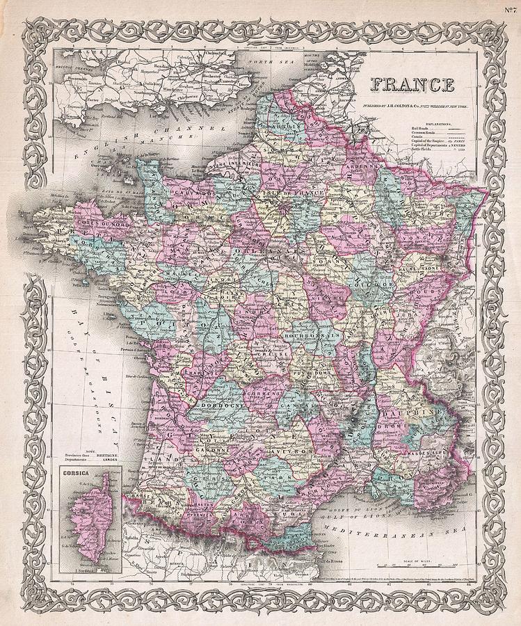 Abstract Photograph - 1855 Colton Map of France by Paul Fearn