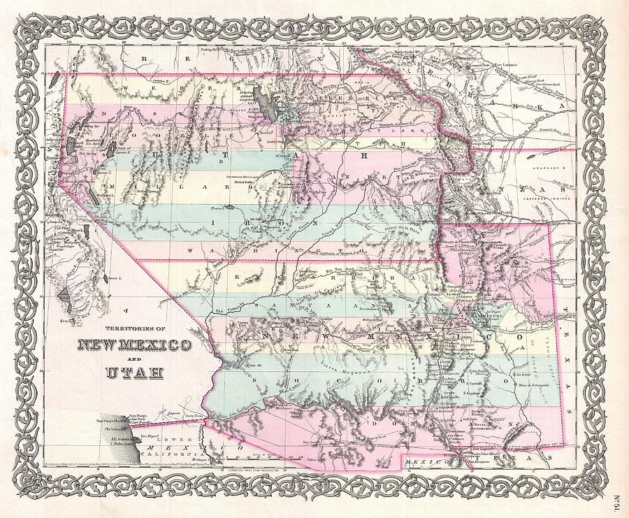 1855 Colton Map of Utah and New Mexico Photograph by Paul Fearn - Fine ...