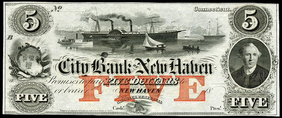 1855 New Haven Five Dollar Note Painting by Historic Image
