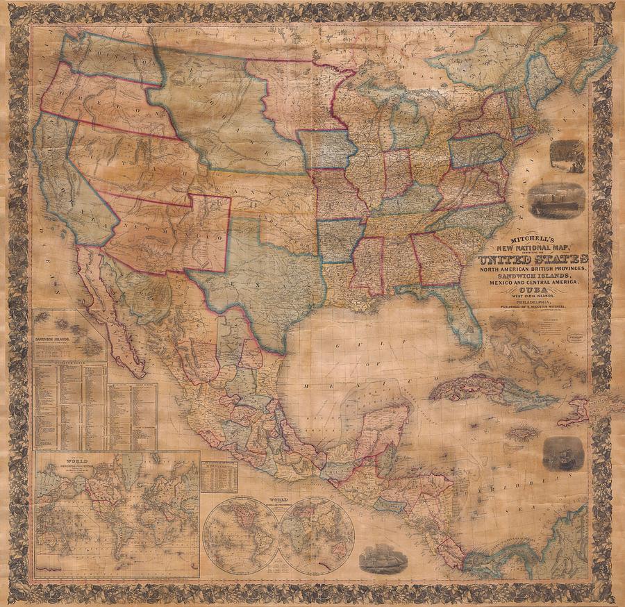 1856 Mitchell Wall Map of the United States and North America Photograph by Paul Fearn
