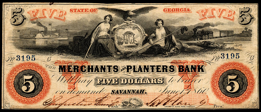 1860 Savannah Georgia Five Dollar Note Painting by Historic Image