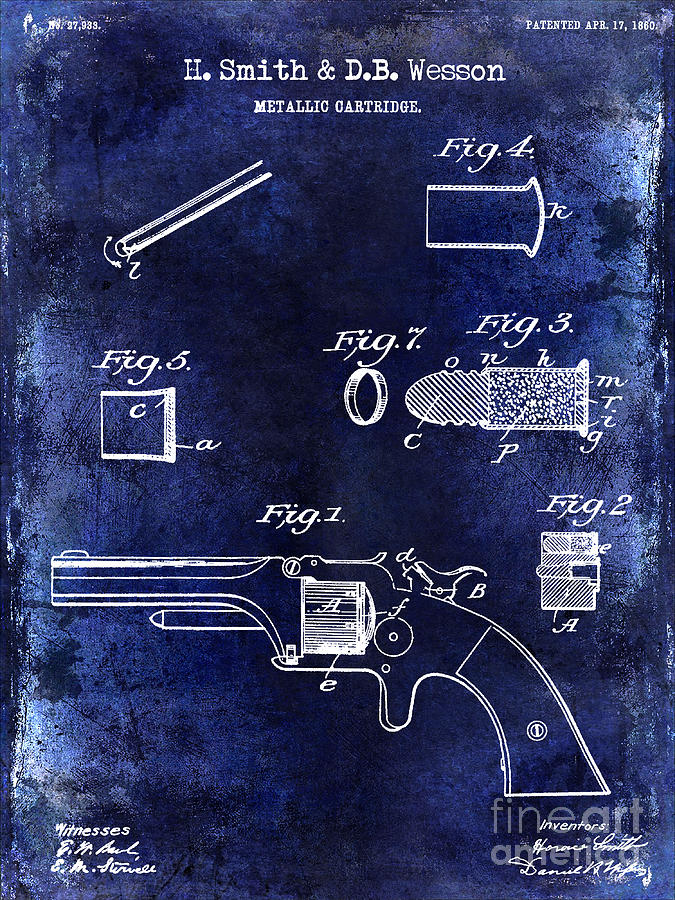 Smith And Wesson Photograph - 1860 Smith and Wesson Firearm Patent Drawing Blue by Jon Neidert