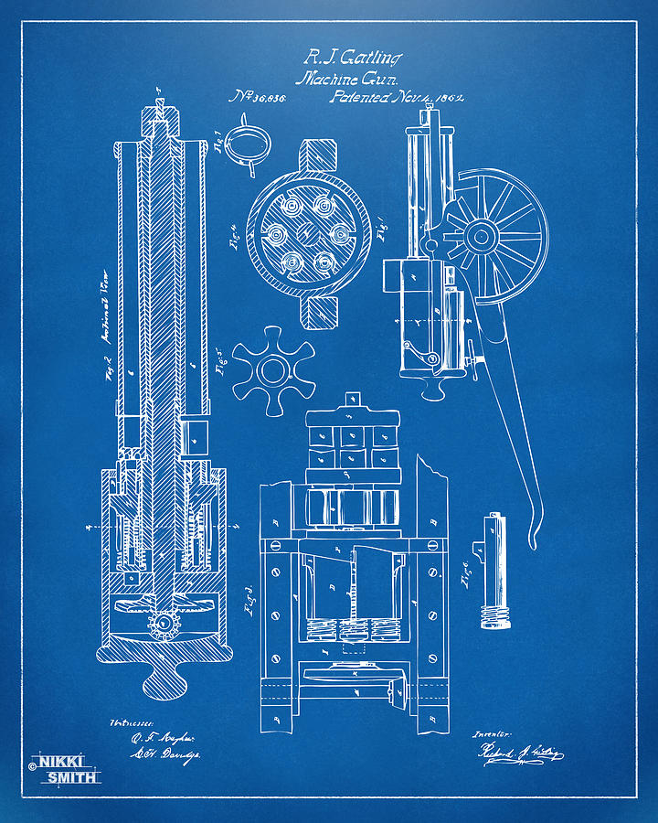 Vintage Digital Art - 1862 Gatling Gun Patent Artwork - Blueprint by Nikki Marie Smith