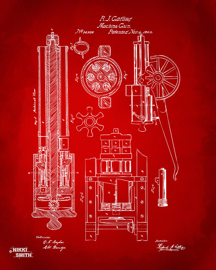 1862 Gatling Gun Patent Artwork - Red Digital Art by Nikki Marie Smith