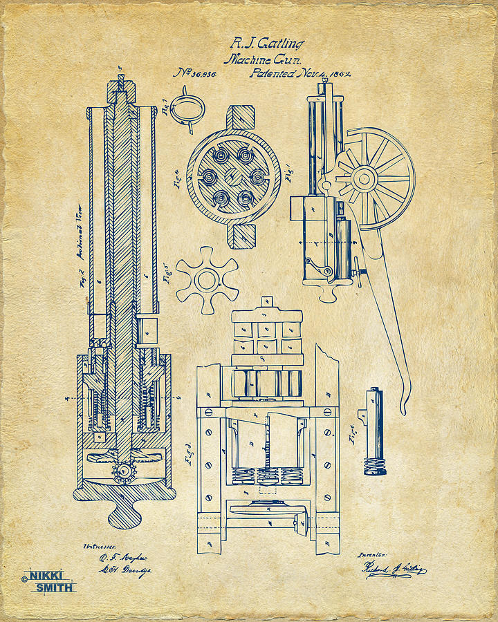 1862 Gatling Gun Patent Artwork - Vintage Digital Art by Nikki Marie Smith