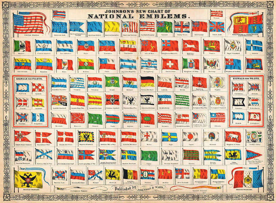 1864 Johnson Chart Of The Flags And National Emblems Of The World Painting