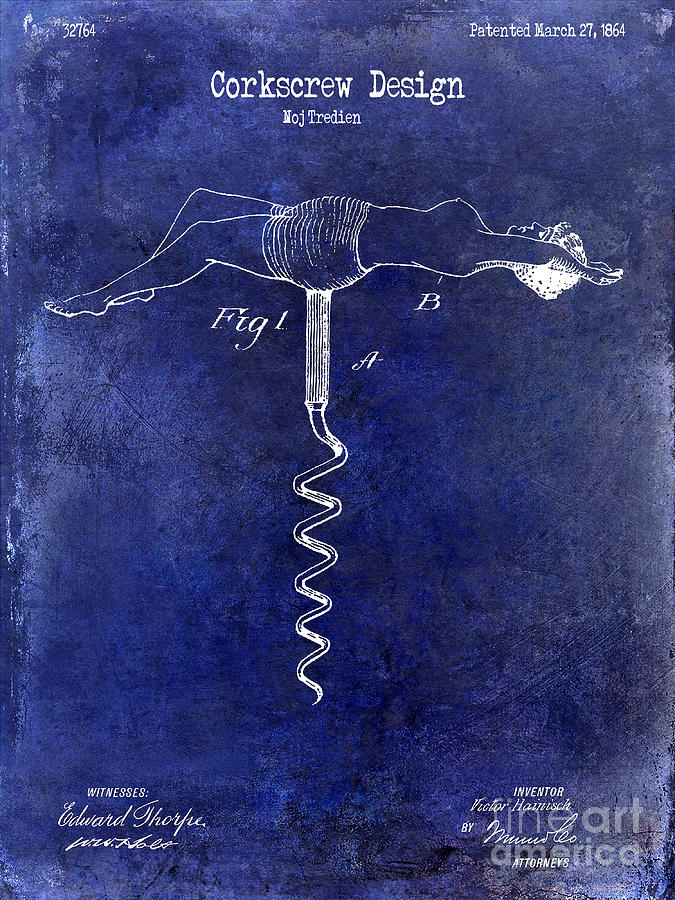 Wine Photograph - 1864 Nude Corkscrew Patent Drawing Blue by Jon Neidert
