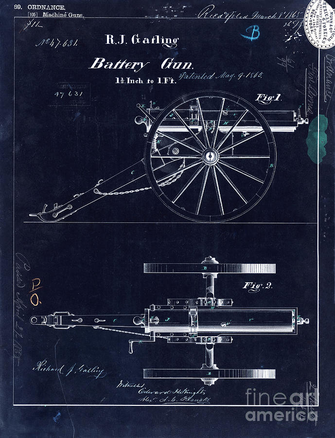 1865 Gatling Battery Gun Patent Drawing Blue Photograph by Jon Neidert