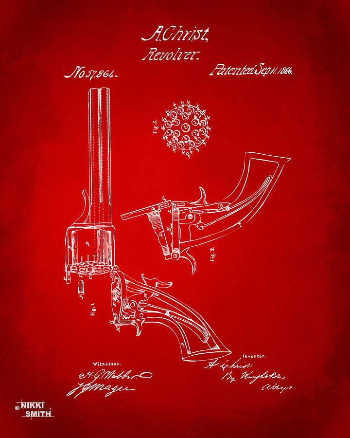Vintage Digital Art - 1866 Christ Revolver Patent Artwork - Red by Nikki Marie Smith