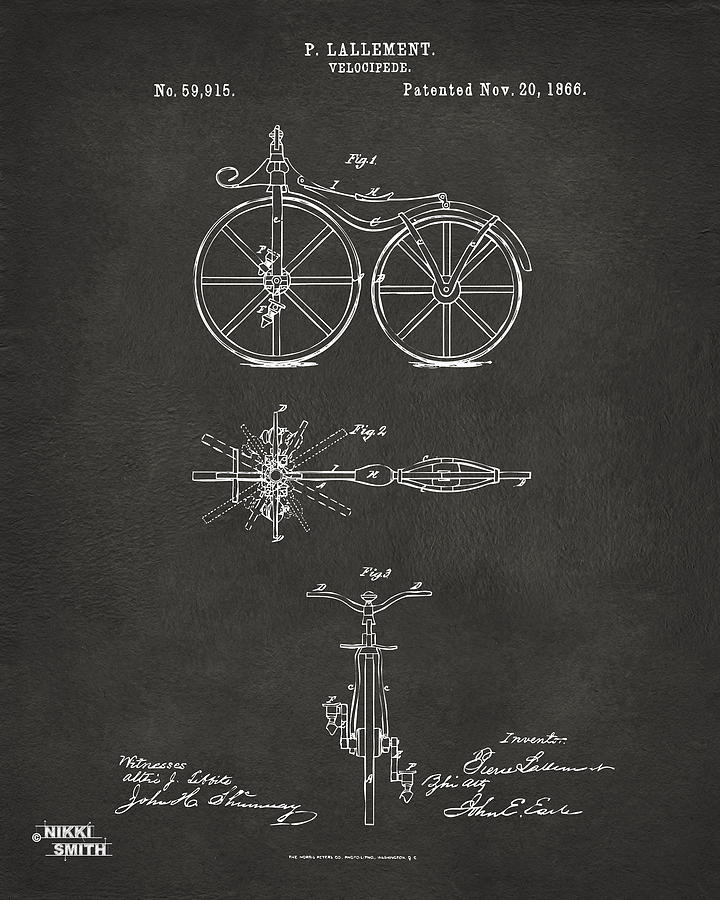 1866 Velocipede Bicycle Patent Artwork - Gray Digital Art by Nikki Marie Smith