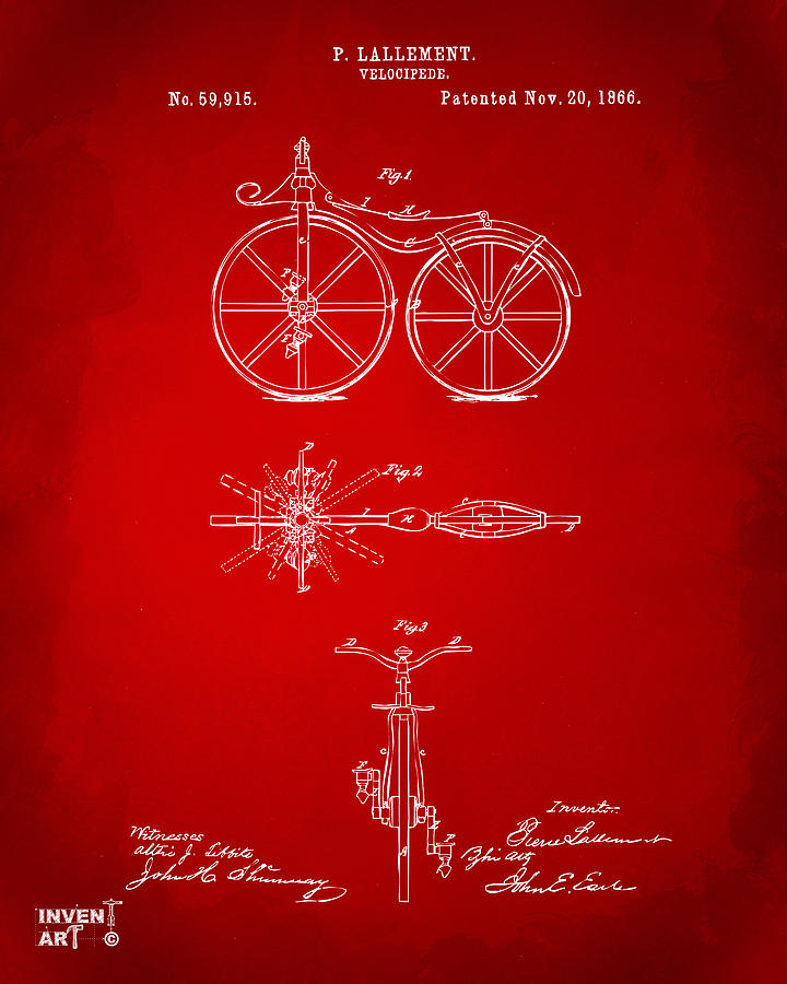 Bicycle Digital Art - 1866 Velocipede Bicycle Patent Artwork Red by Nikki Marie Smith