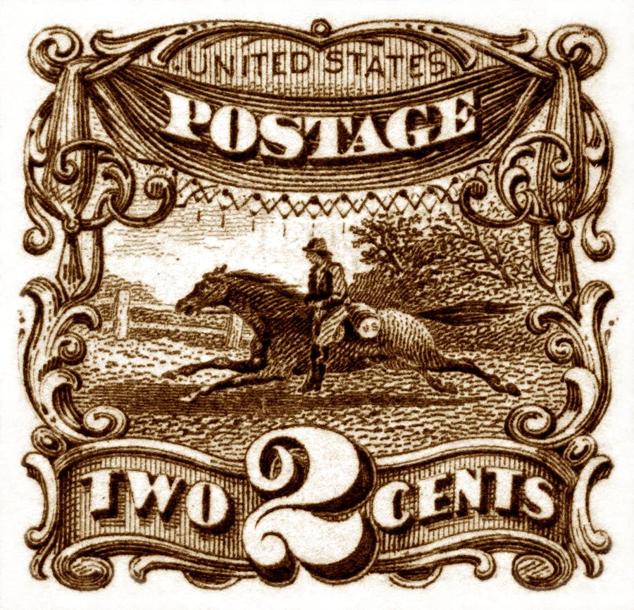 Vintage Painting - 1869 Post Horse and Rider Stamp by Historic Image