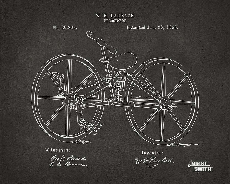 Bicycle Digital Art - 1869 Velocipede Bicycle Patent Artwork - Gray by Nikki Marie Smith