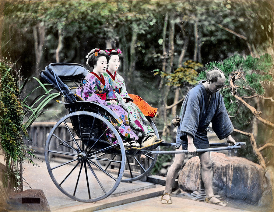 1870 Geisha Girls traveling in Rickshaw Photograph by Historic Image
