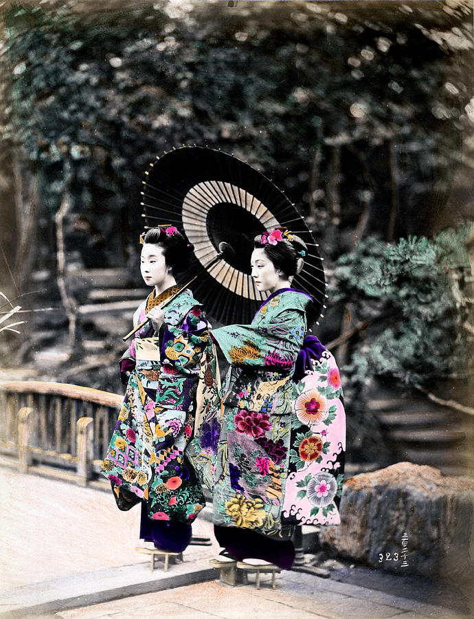 1870 Two Geisha Girls under Umbrella Photograph by Historic Image