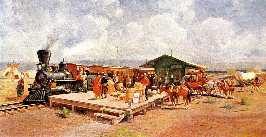 Horizontal Painting - 1870s Early Railroad Commerce Travel by Vintage Images Horizontal Painting - 1870s Early Railroad Commerce Travel by Vintage Images