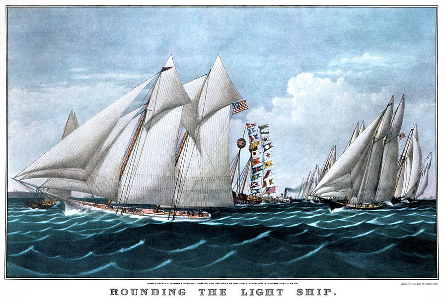 Currier And Ives Painting - 1870s Rounding The Light Ship - by Vintage Images