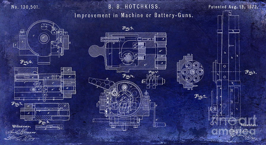 1872 Hotchkiss Machine Gun Patent  Blue Photograph by Jon Neidert