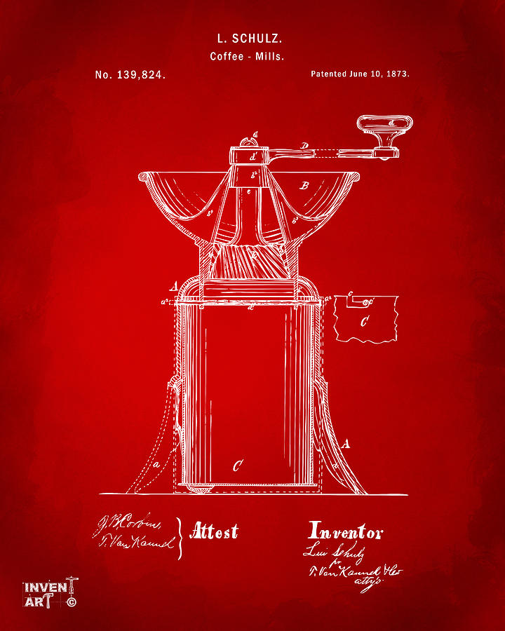 1873 Coffee Mills Patent Artwork Red Digital Art by Nikki Marie Smith