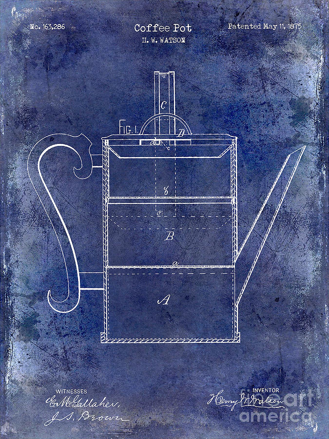Coffee Photograph - 1875 Coffee Pot Patent Drawing Blue by Jon Neidert
