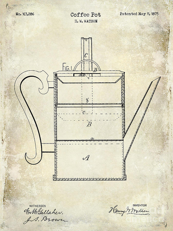 1875 Coffee Pot Patent Drawing Photograph by Jon Neidert - Fine Art America