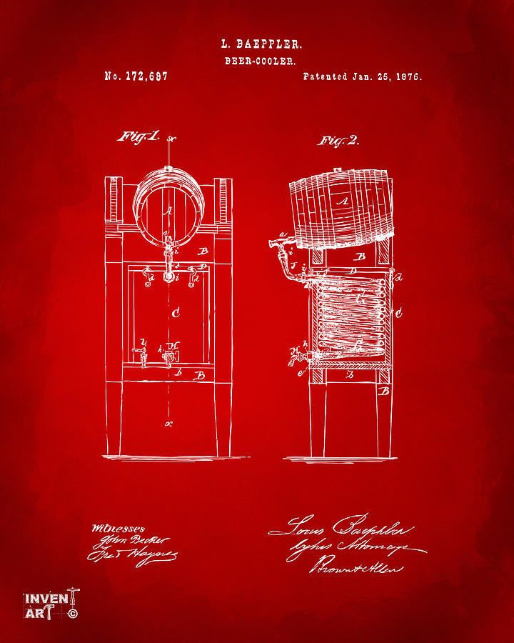 1876 Beer Keg Cooler Patent Artwork Red Digital Art by Nikki Marie Smith