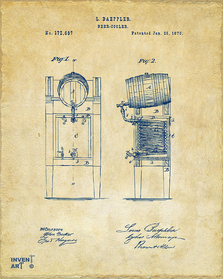 1876 Beer Keg Cooler Patent Artwork - Vintage Digital Art by Nikki Marie Smith
