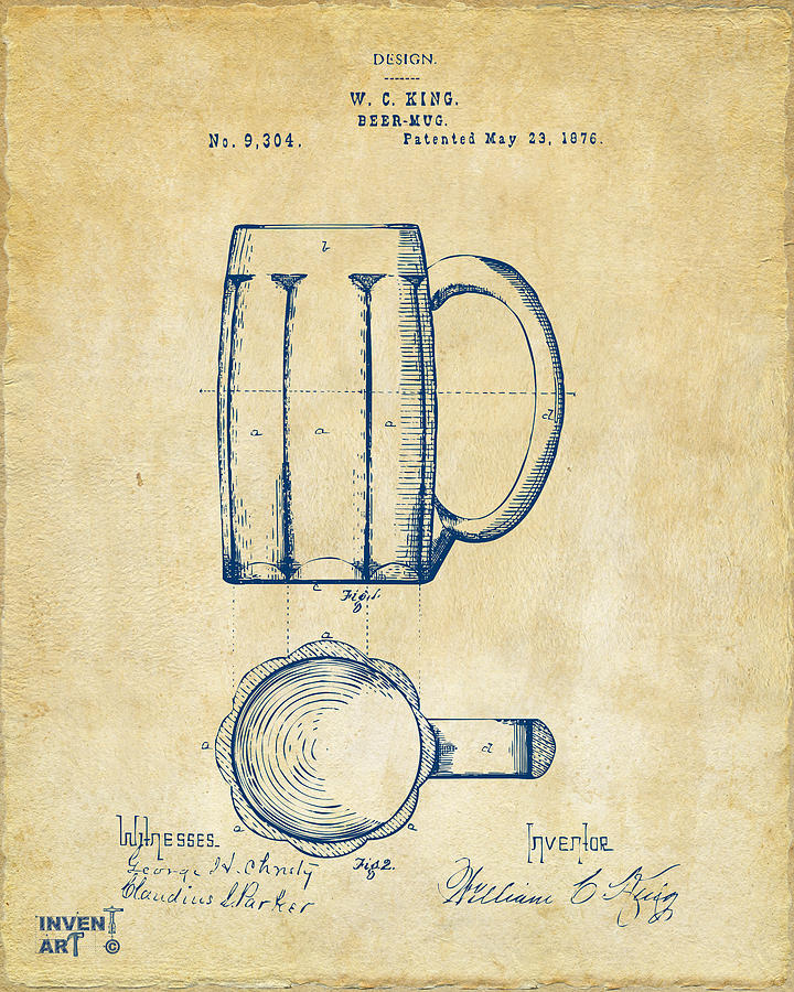 Beer Digital Art - 1876 Beer Mug Patent Artwork - Vintage by Nikki Marie Smith