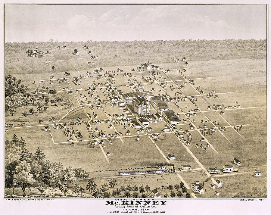 Vintage Photograph - 1876 Birds Eye Map of McKinney Texas by Stephen Stookey