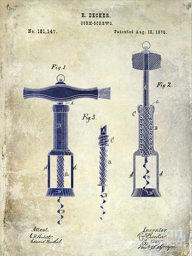 1876 Corkscrew Patent Drawing 2 Tone Photograph by Jon Neidert